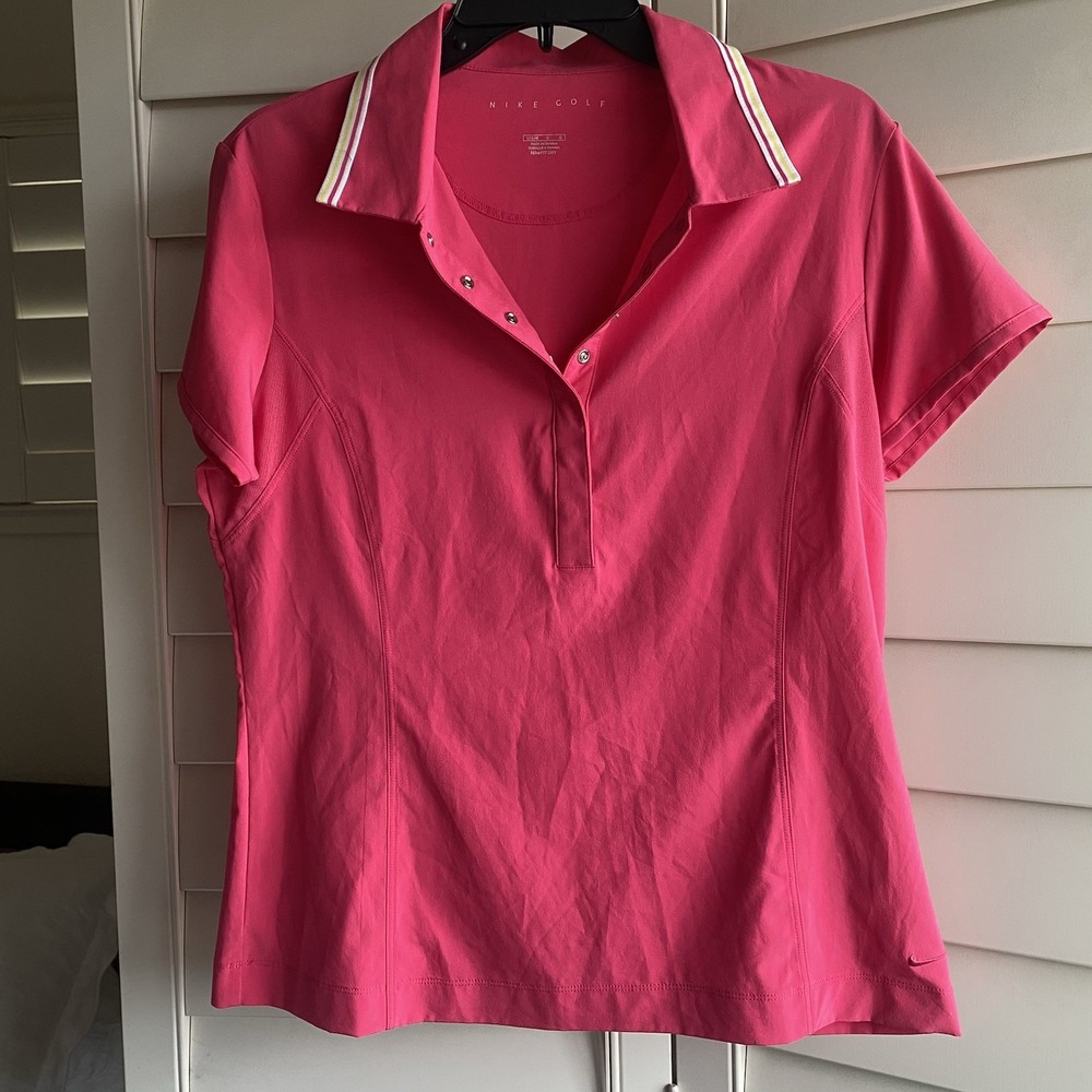 Nike Golf Dri-Fit Womens Large Pink Short Sleeve Polo Shirt Athletic Top Snap Up